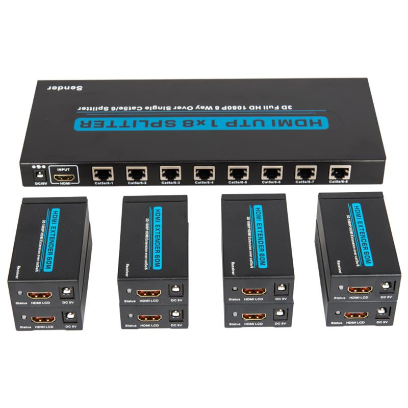 8 portów HDMI UTP 1x8 Splitter nad pojedynczym Cat5e \/ 6 Z 8 odbiornikami do 60m