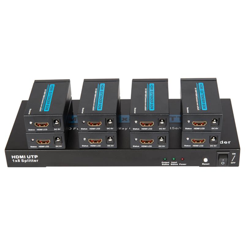 8 portów HDMI UTP 1x8 Splitter nad pojedynczym Cat5e \/ 6 Z 8 odbiornikami do 60m